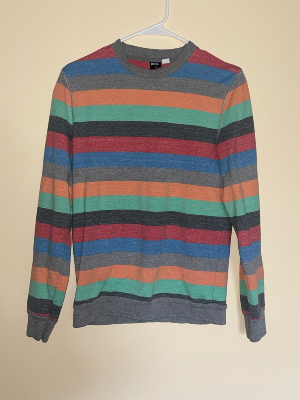 BDG Urban Outfitters Gray Crewneck Sweatshirt | Pink & Teal Stripe Pullover | Y2
